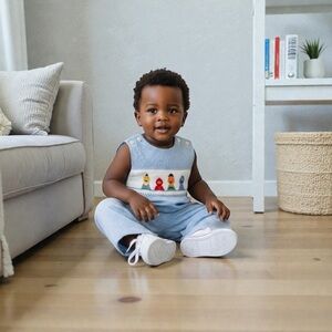 Sesame Street Smocked Jon Jon/Longall - Blue Gingham - Vintage Style - 12 months